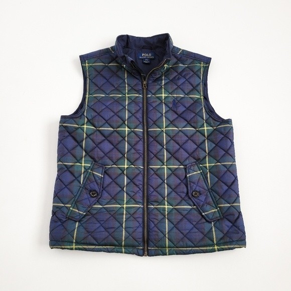 NEW Polo Ralph Lauren Puffer Vest Tartan Plaid Boys L Navy Blue Green NWOT - Picture 4 of 10